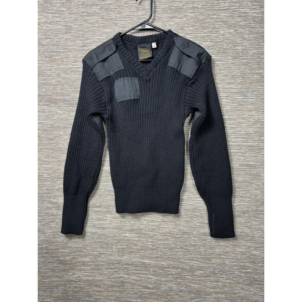 Citadel Sweater Mens Small Black Wool V Neck Military Shoulder Elbow Patches